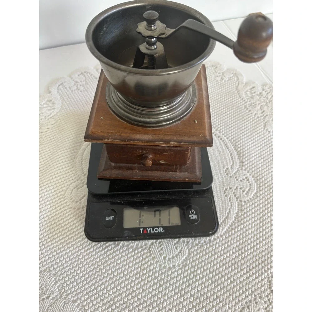 Vintage Manual Coffee Grinder Hand Crank Wood Base Metal Hopper Rustic Decor